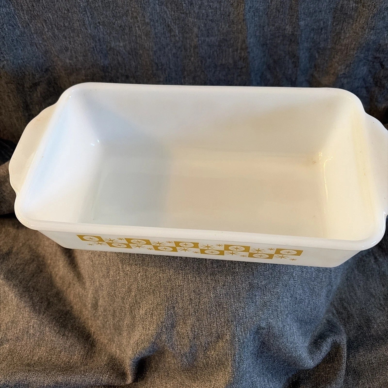 Anchor Hocking Fire King Ovenware Gold Atomic Starburst on White Milk Glass Loaf