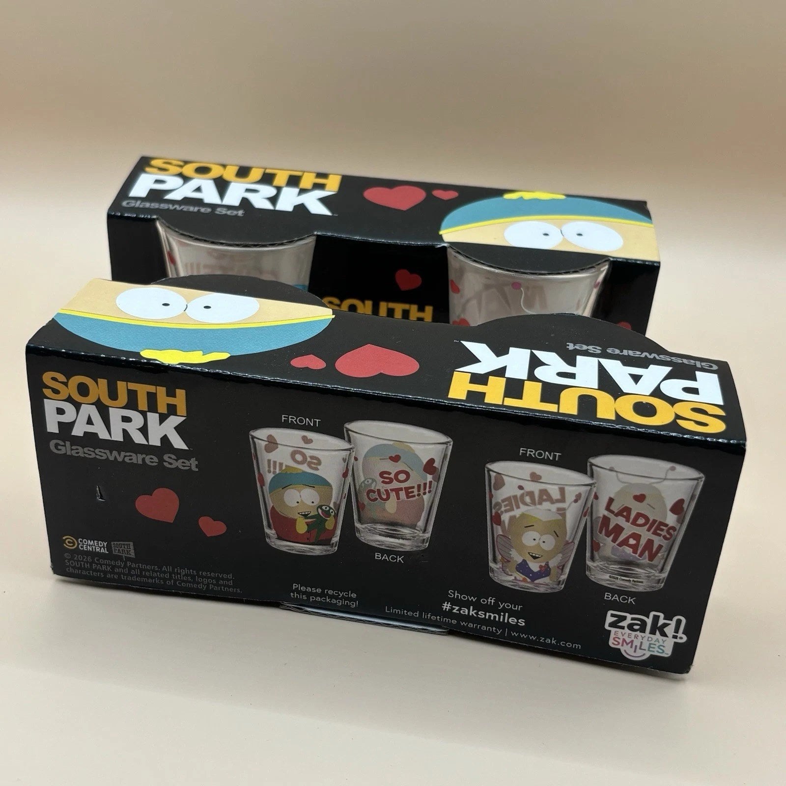(2) Sets Of 2 South Park Glassware Shot Glasses 1.5 Oz. Valentine's Day New