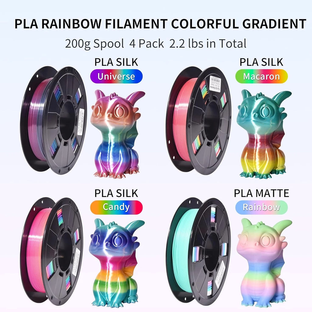 4-Pack Silk Matte Rainbow PLA Filament 1.75mm - Multicolor Fast Color Change 3D
