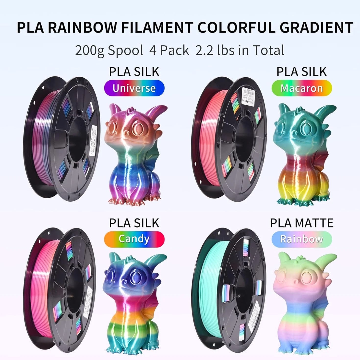 4-Pack Silk Matte Rainbow PLA Filament 1.75mm - Multicolor Fast Color Change 3D