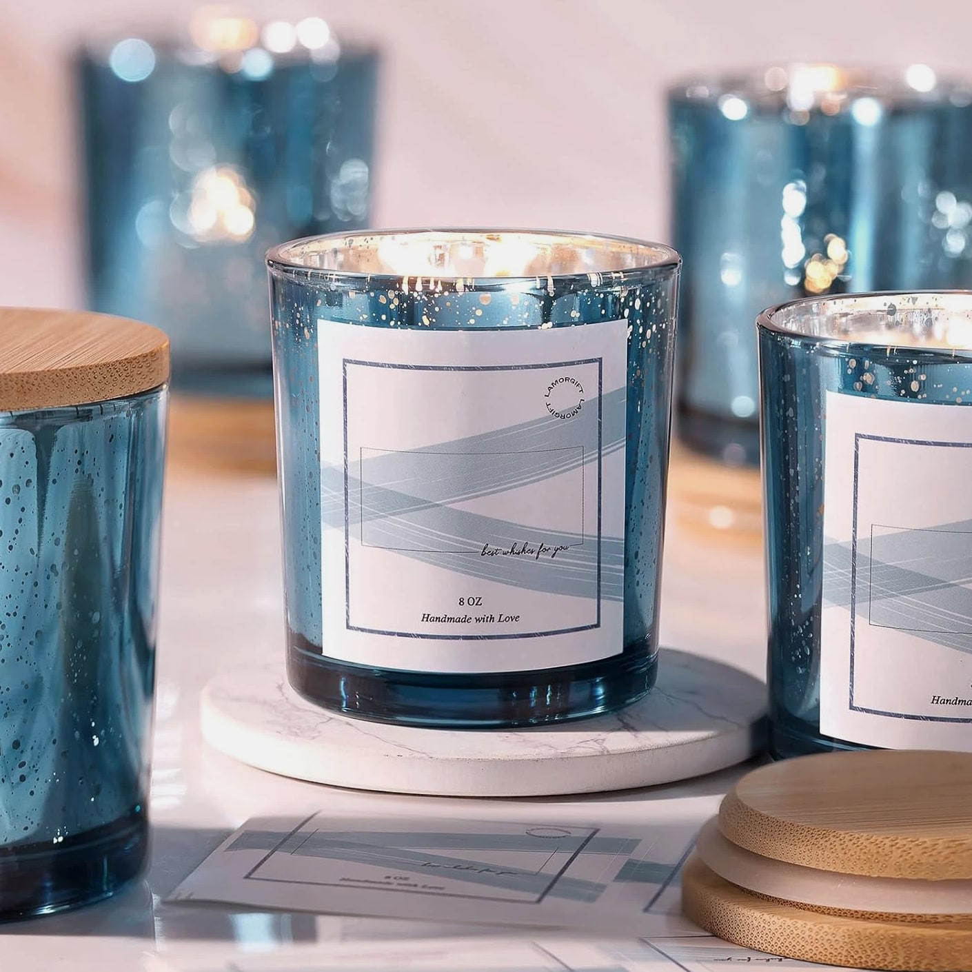 LAMORGIFT 15 Pack Glass Candle Jars with Lids (8Oz, Lake Blue) - Candle Making Containers