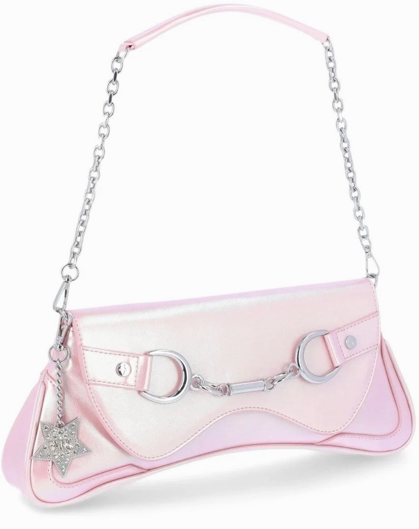 Paris Hilton Womens Rider Large Shoulder Baguette Bag Pink Purse Shiny Metallic