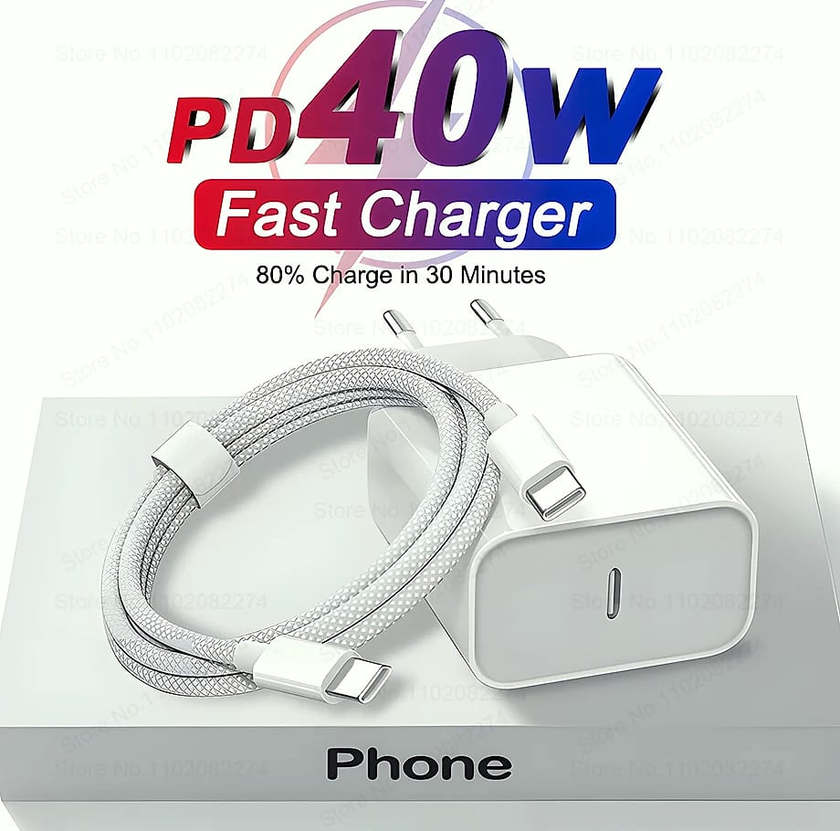 PD 40W Fast Charger with USB-C Cable for iPhone iPad