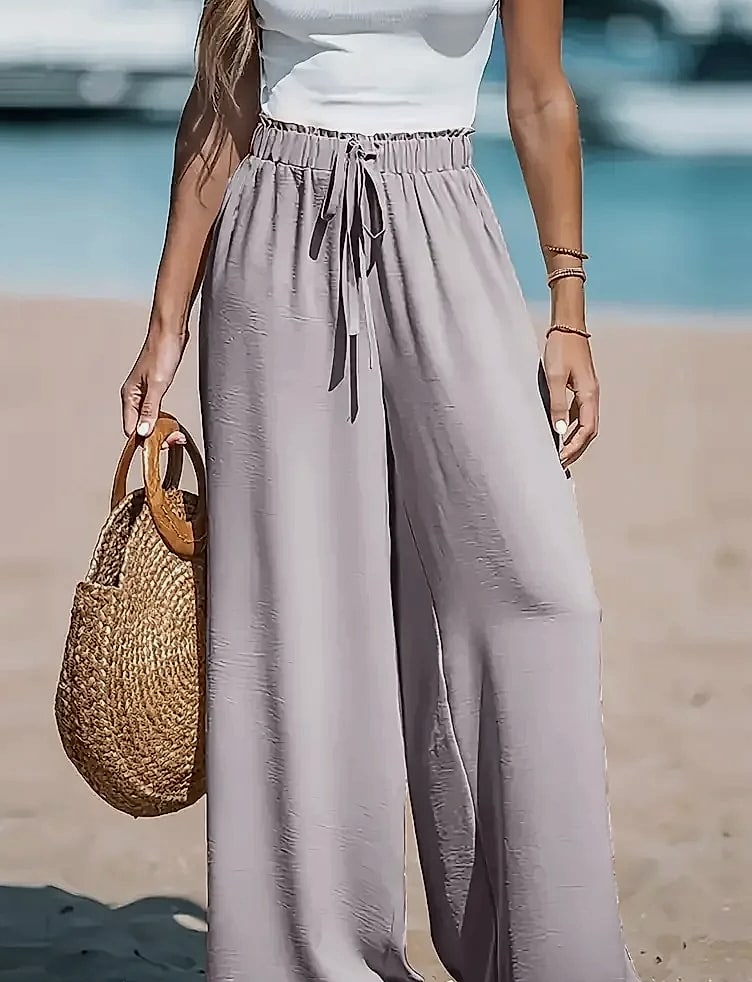 Cotton Linen Wide Leg Pants Women High Waist Drawstring