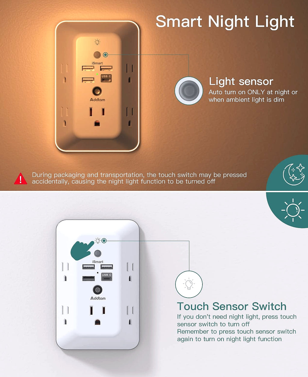Addtam 5-Outlet Surge Protector with 4 USB Ports and Night Light