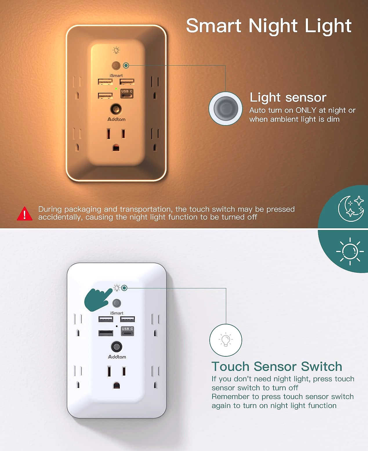 Addtam 5-Outlet Surge Protector with 4 USB Ports and Night Light