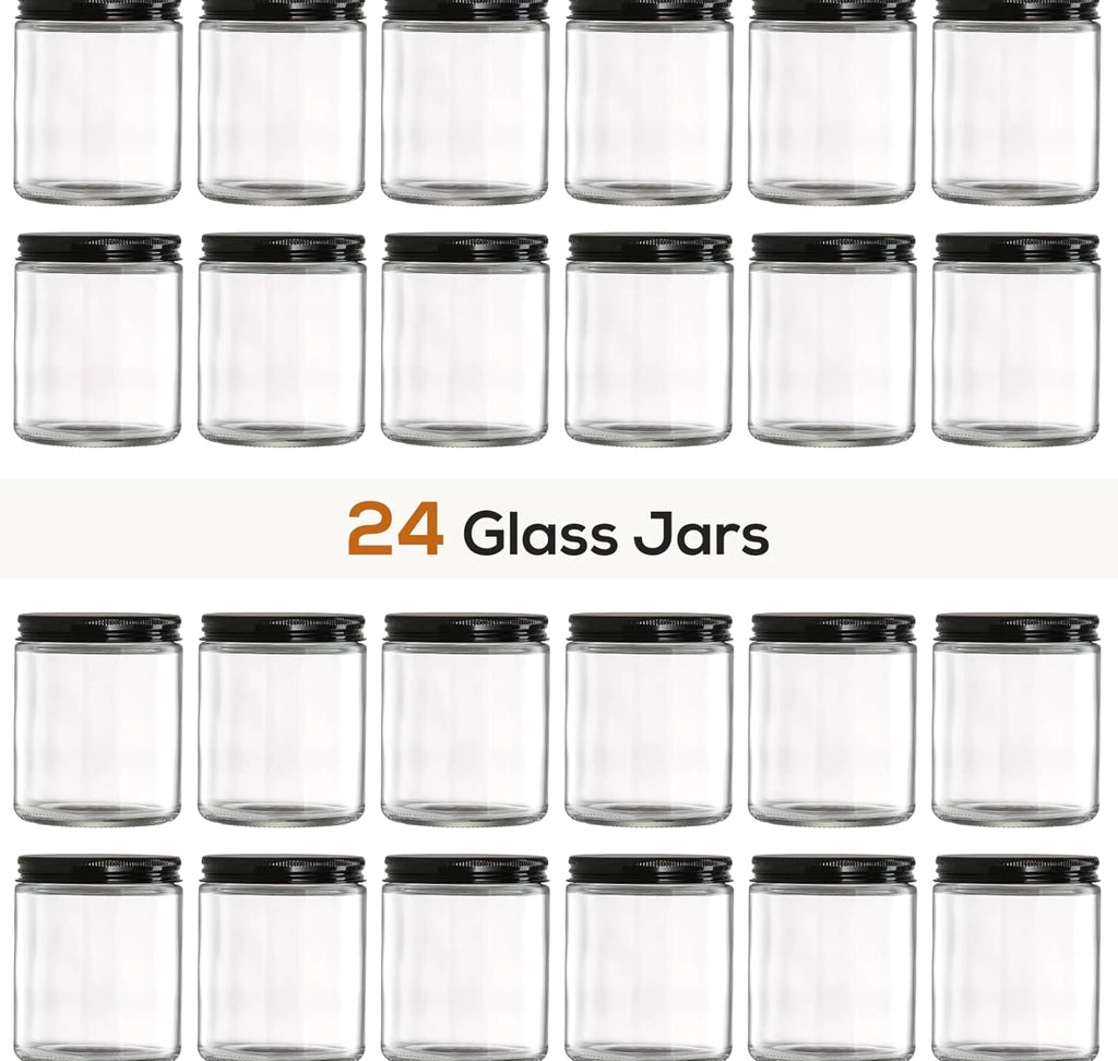 24 Pc, 8 OZ Thick Glass Jars with Metal Lids, Clear Round Candle Making Jars