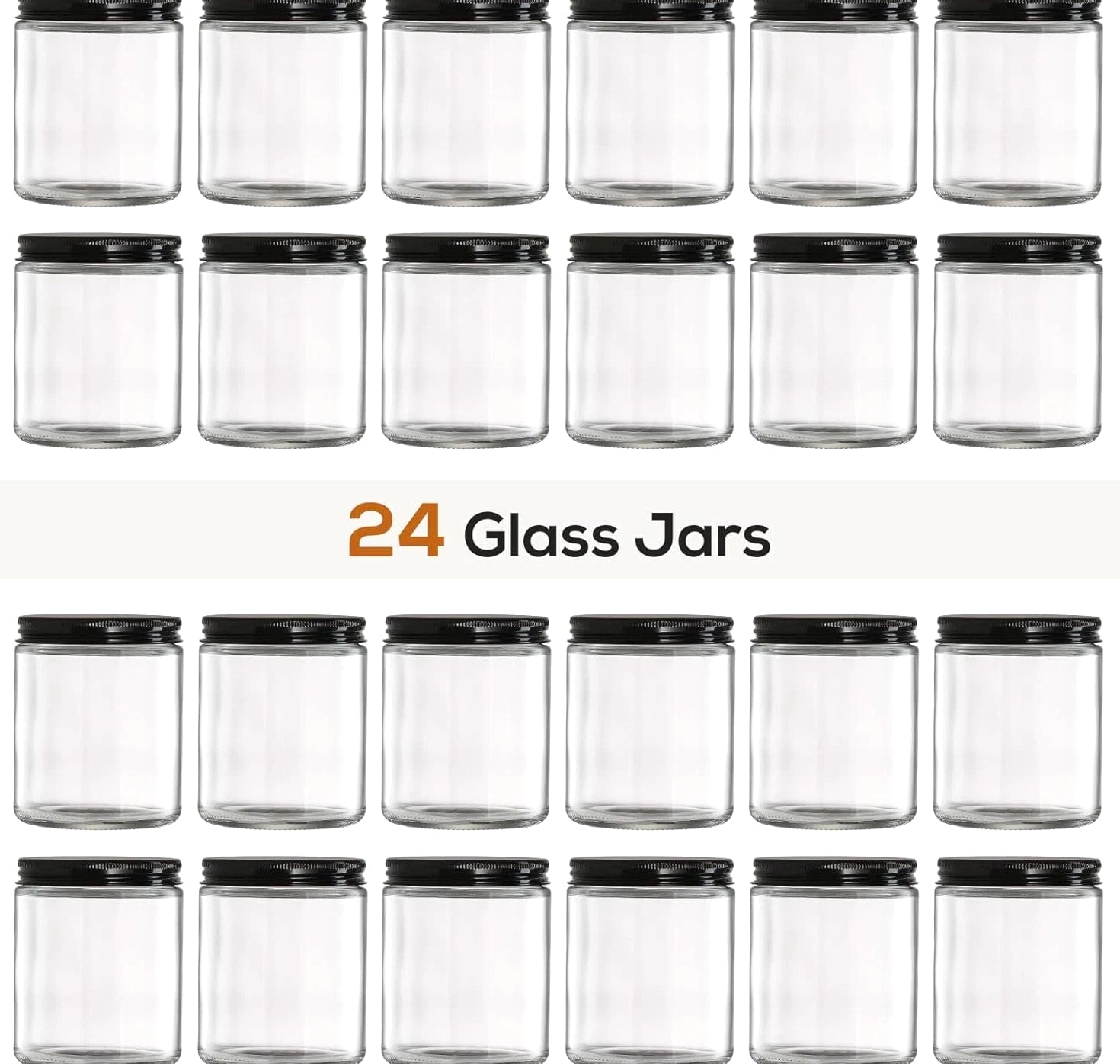 24 Pc, 8 OZ Thick Glass Jars with Metal Lids, Clear Round Candle Making Jars