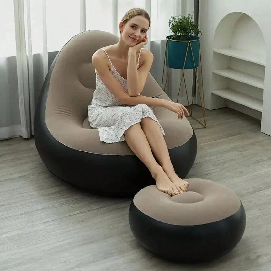 Plush Adult Inflatable Lounge Chair with Ottoman - Portable Cozy Air Sofa