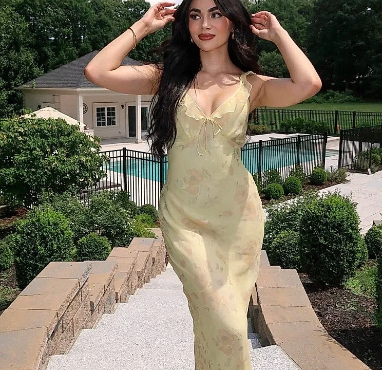 Cryptographic Summer Floral Plunge Maxi Dress Backless