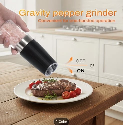 2 Pcs Gravity-sensing Electric Salt & Pepper Grinder Set, Battery-powered LED