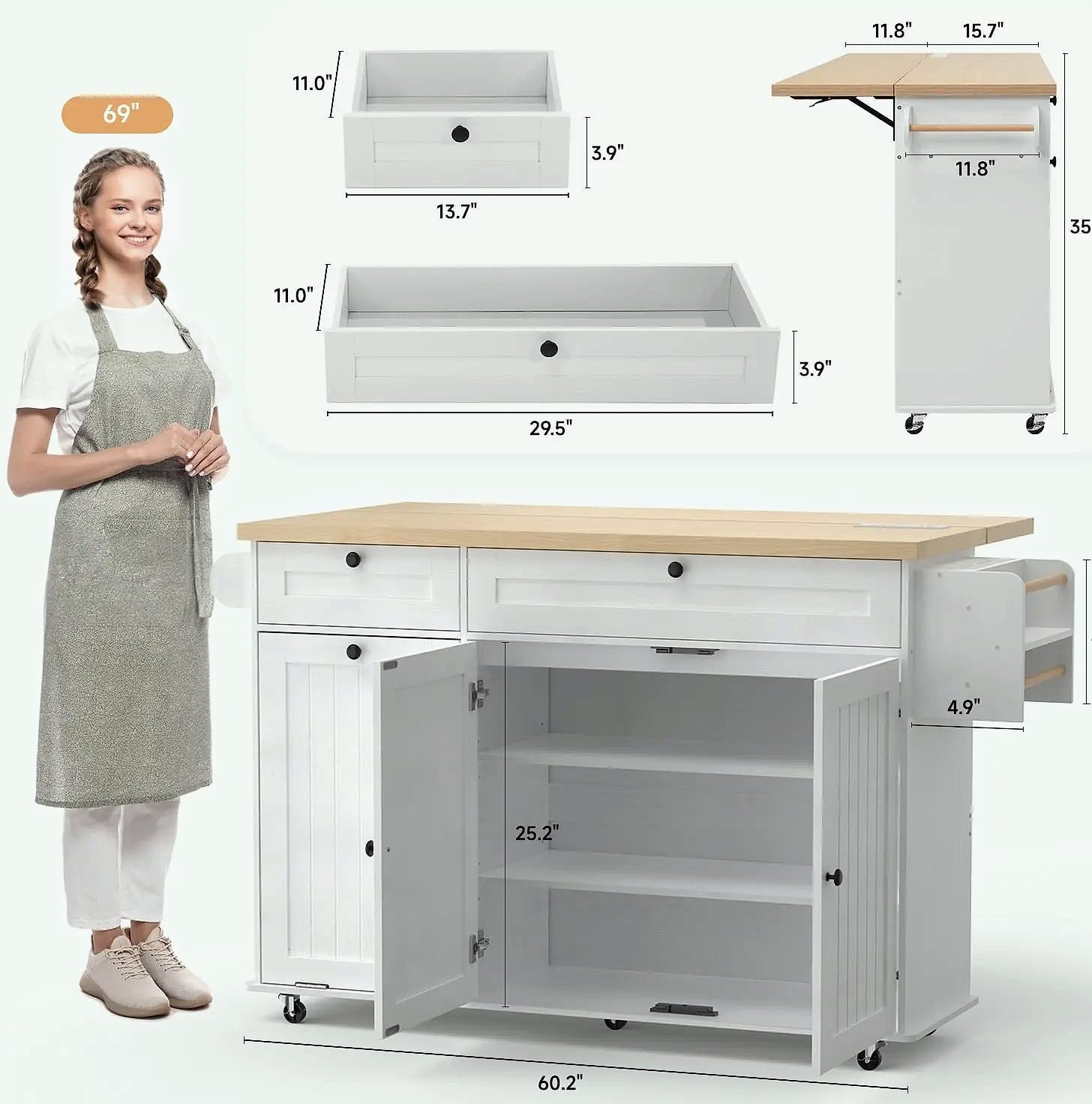 ONBRILL 60 inch Mobile Kitchen Island Rolling Trolley with Power Outlet