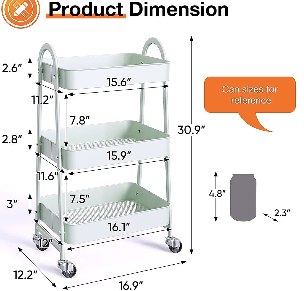 3-Tier Rolling Storage Cart Metal Kitchen Bathroom Organizer 16.9" x 12.2" x 30.9"