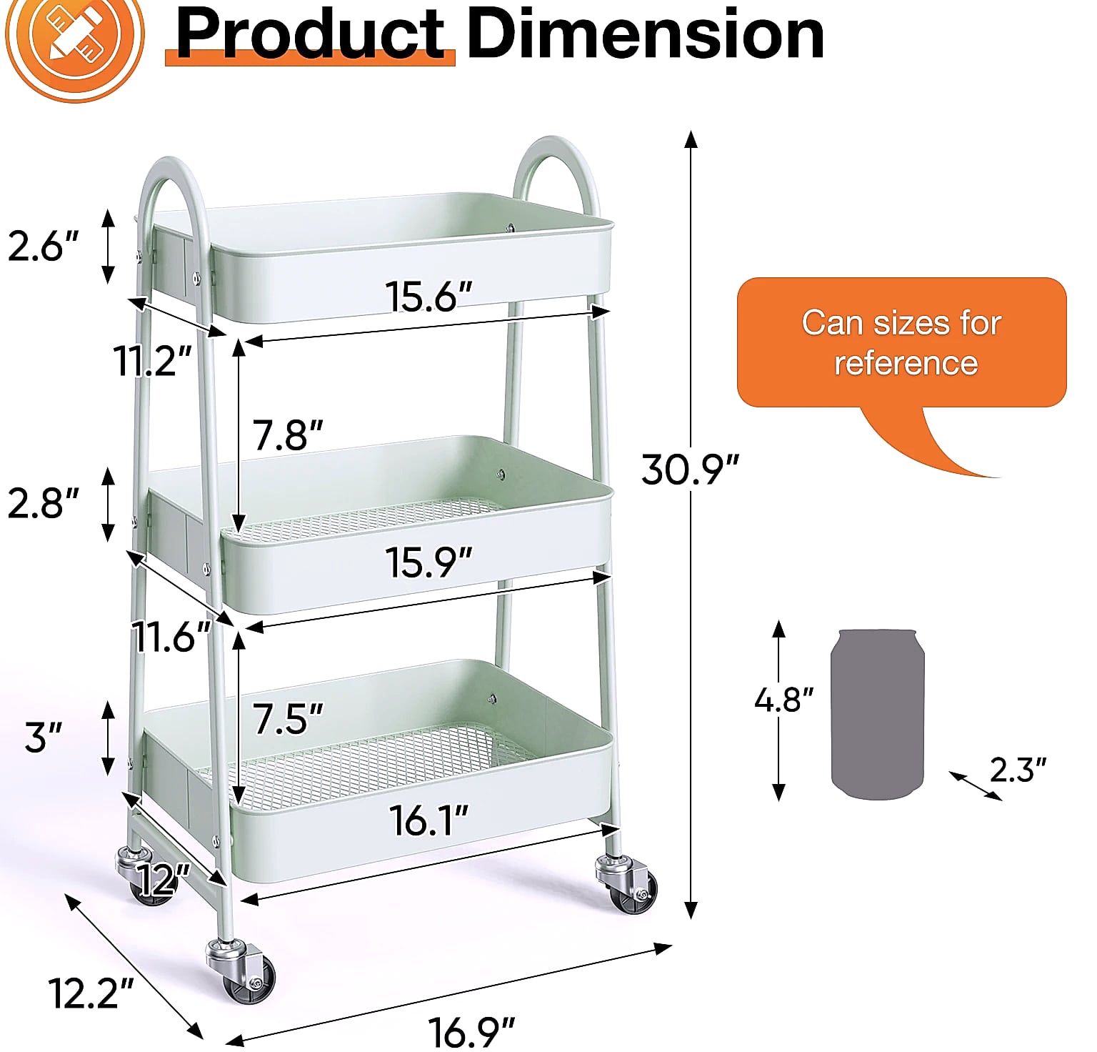3-Tier Rolling Storage Cart Metal Kitchen Bathroom Organizer 16.9" x 12.2" x 30.9"