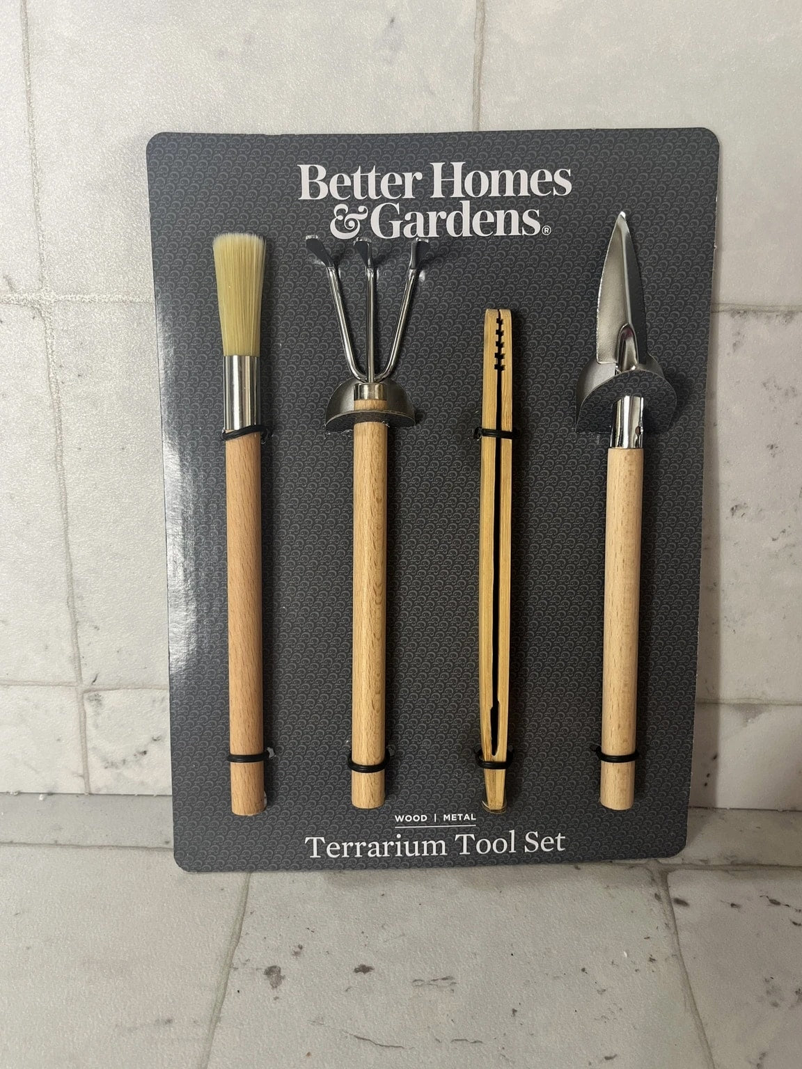 Better Homes & Gardens Terrarium Tool Set Wood Metal Rake Shovel Brush Tweezers