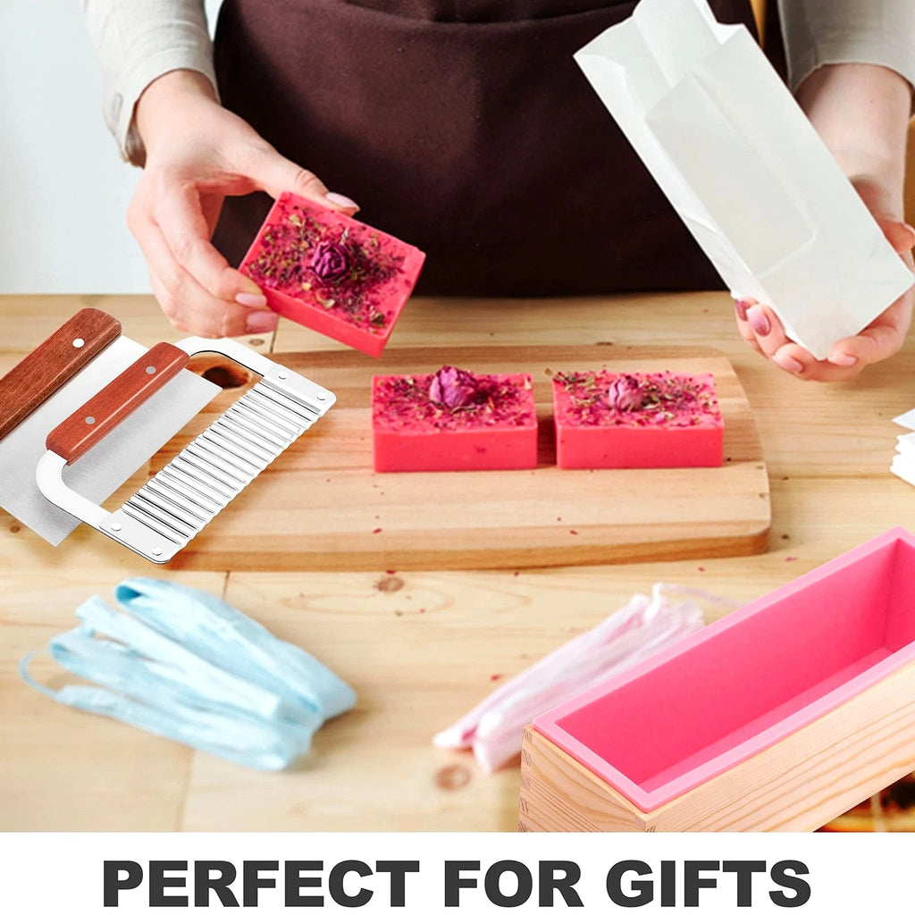 Soap Making Kit - Rectangular Silicone Mold 42oz, Wavy Cutter, Wood Box, Silver