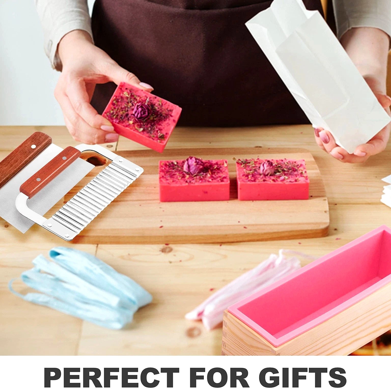 Soap Making Kit - Rectangular Silicone Mold 42oz, Wavy Cutter, Wood Box, Silver