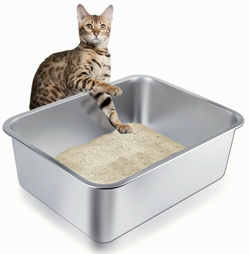 LOPYK Stainless Steel Cat Litter Box, Large 17.7" High-Sided Pan