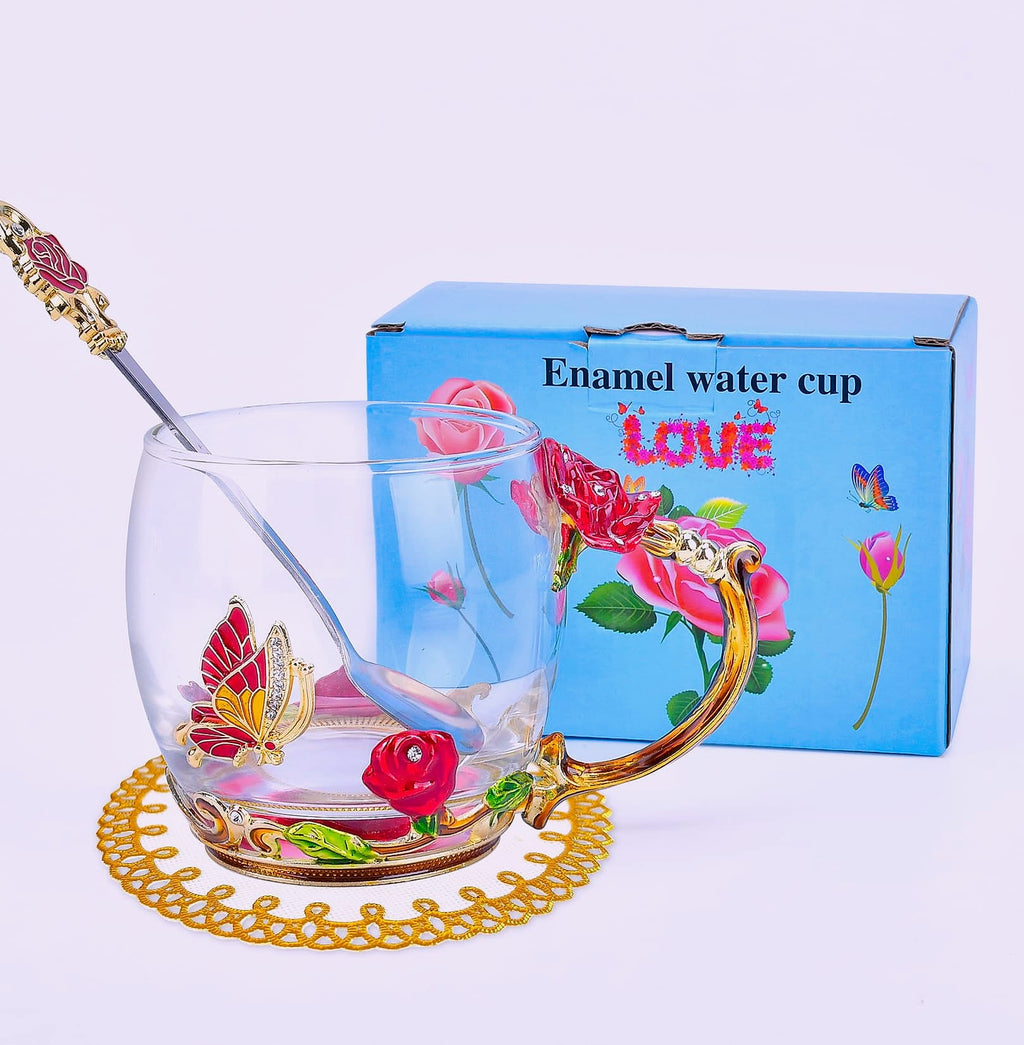 OEAGO Enamel Glass Coffee Mug with Butterfly and Rose Design
