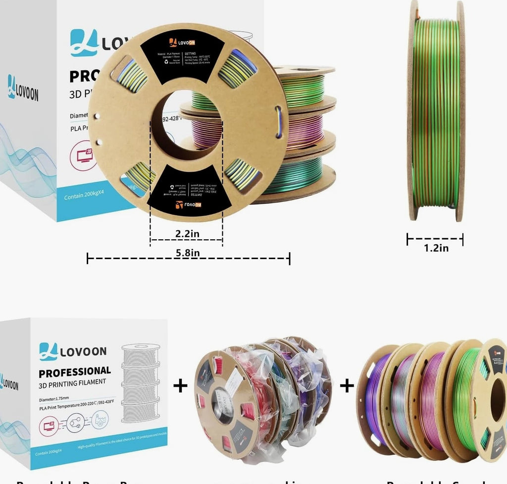 3D PLA Filament 1.75mm Bundle, Tricolor Printer Filament, Rainbow Silk