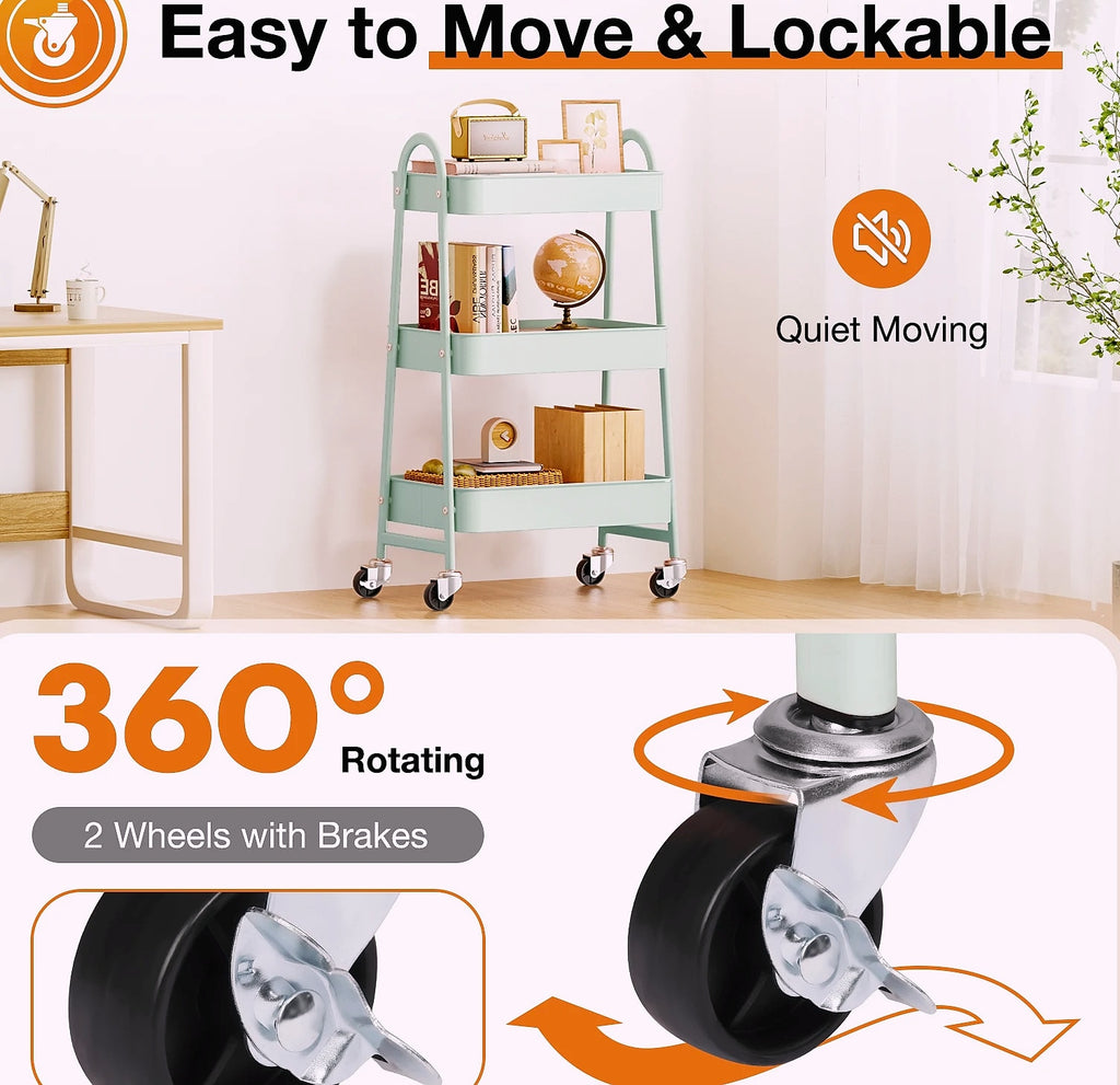 3-Tier Rolling Storage Cart Metal Kitchen Bathroom Organizer 16.9" x 12.2" x 30.9"