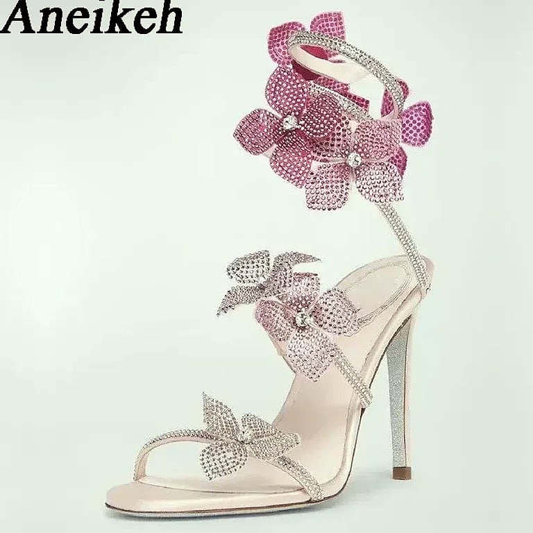 Crystal Flower Ankle Strap Sandals with Thin High Heels