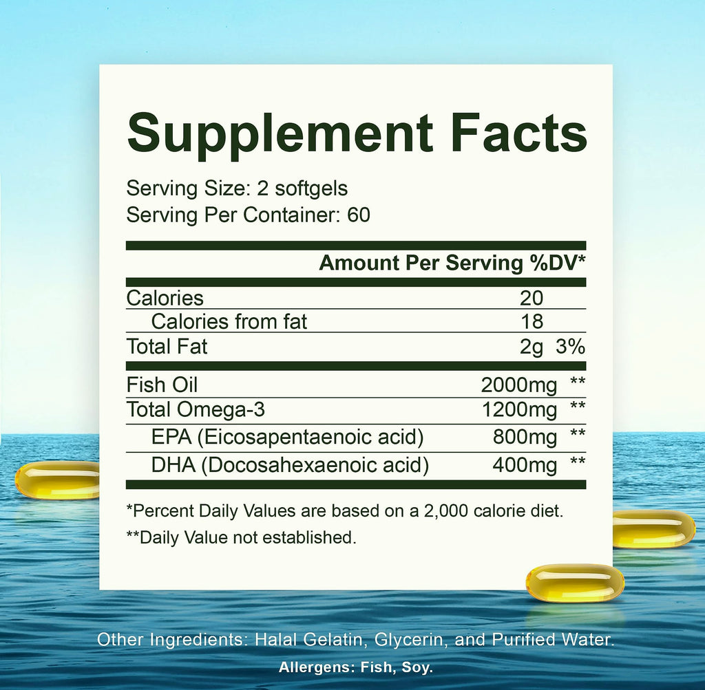 Noor Vitamins Halal Fish Oil Omega 3 Supplement, 800mg EPA