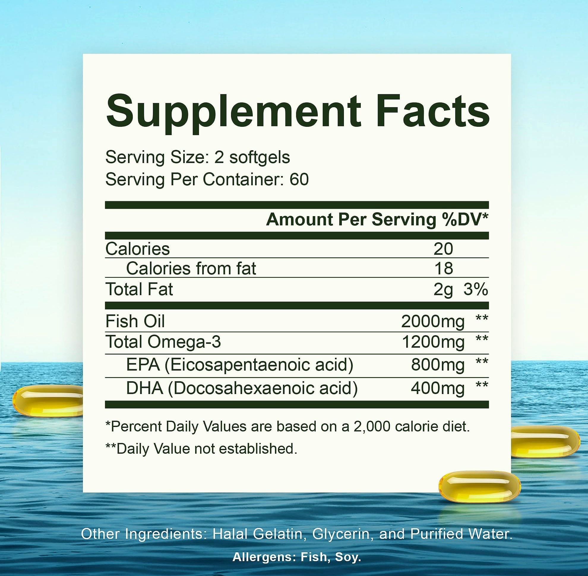 Noor Vitamins Halal Fish Oil Omega 3 Supplement, 800mg EPA