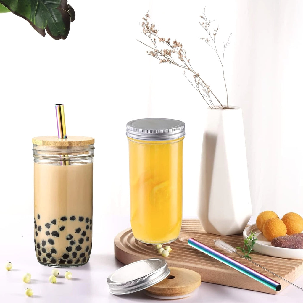 2 Pcs 24 oz Glass Cups With Bamboo Lids and Straws & 2 Airtight Lids, Reusabl...