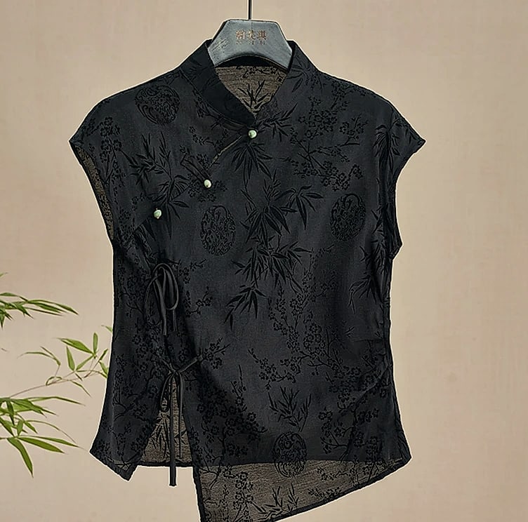 Retro Cheongsam Short Sleeve Top Black Jacquard Women's Shirt