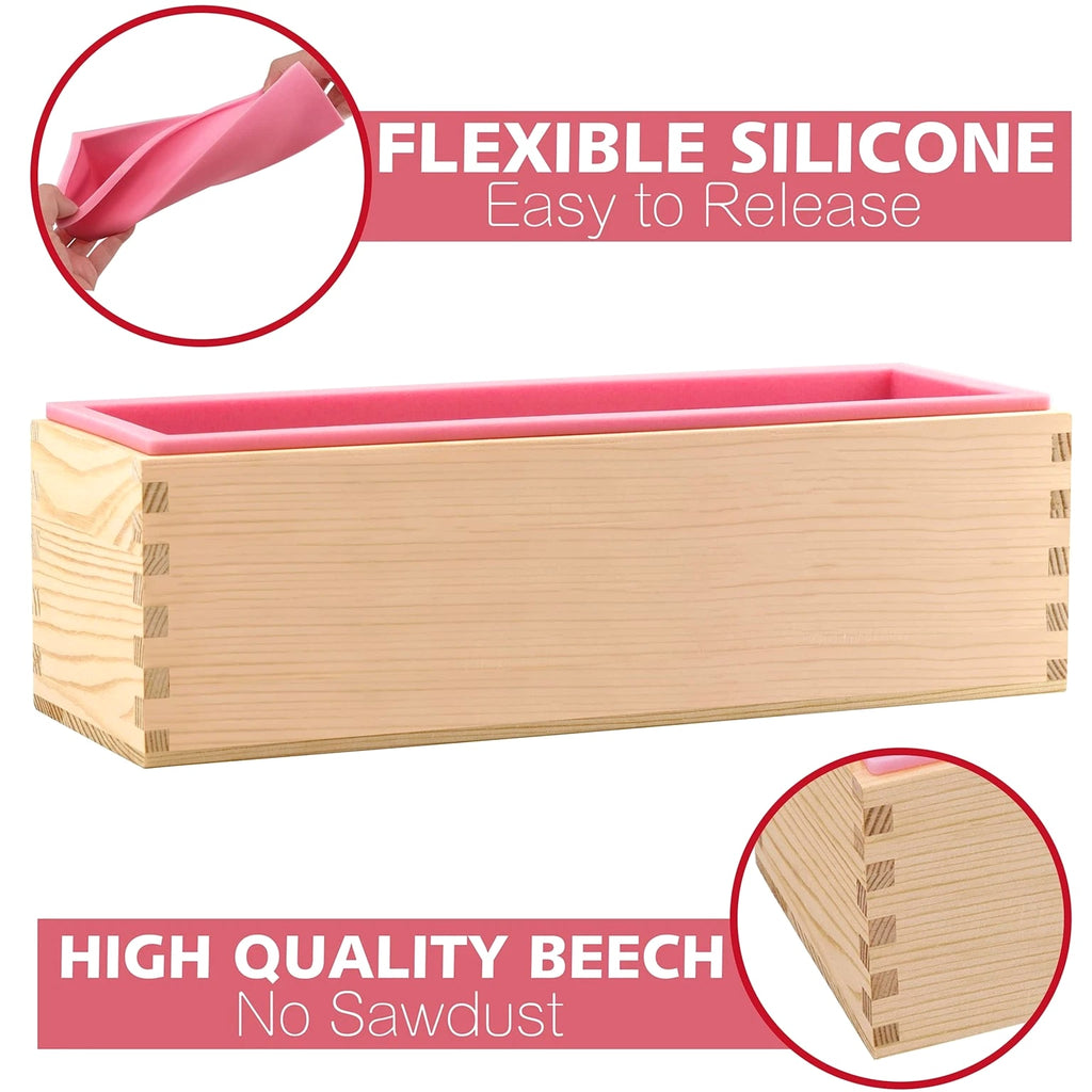 Soap Making Kit - Rectangular Silicone Mold 42oz, Wavy Cutter, Wood Box, Silver