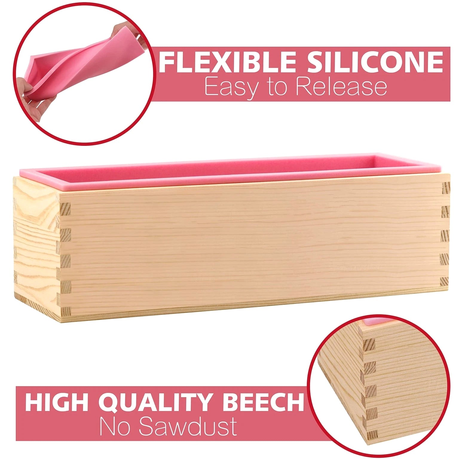 Soap Making Kit - Rectangular Silicone Mold 42oz, Wavy Cutter, Wood Box, Silver