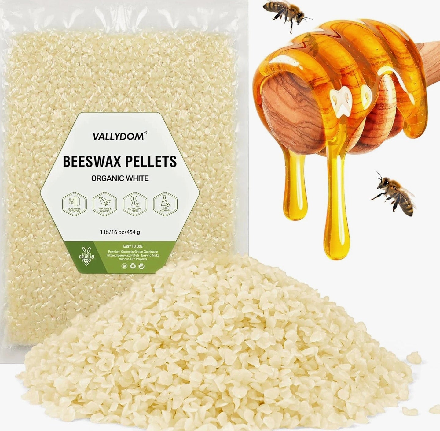 Organic Beeswax Pellets - 453G White Beeswax Pastilles, Pure Natural Bulk Bees