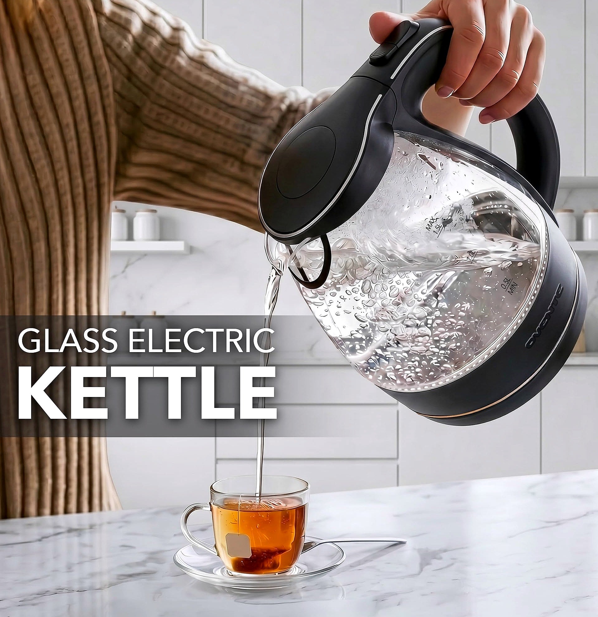 OVENTE KG83B Electric Kettle, 1.5L Borosilicate Glass Water Boiler