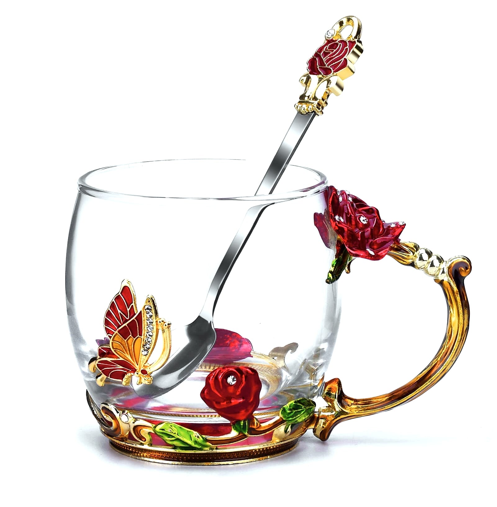 OEAGO Enamel Glass Coffee Mug with Butterfly and Rose Design