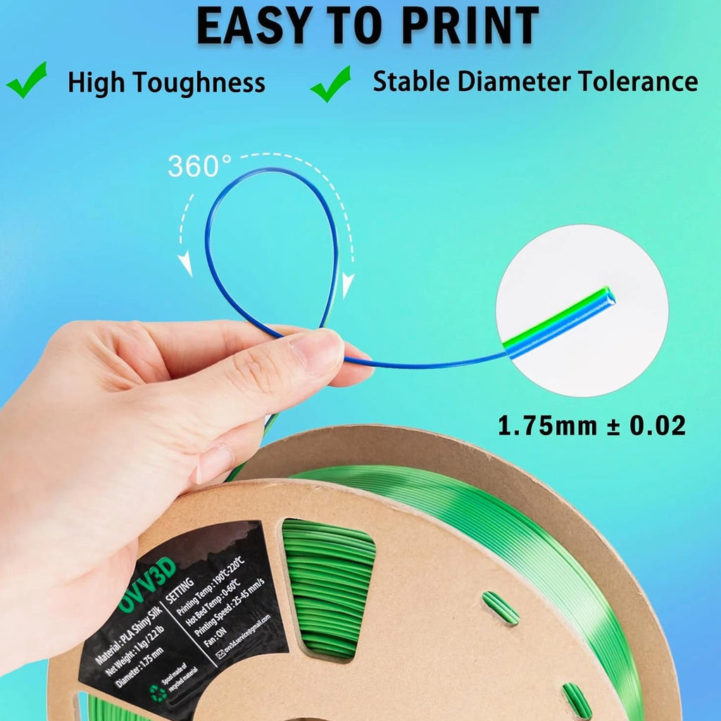 PLA Filament 1.75Mm, Silk PLA Dual Color Blue Green 3D Printer Filament, High Sp