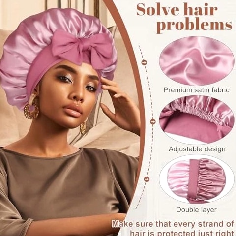 Satin Bonnet Sleep Cap Double Layer Hair Bonnet with Bean Paste + Pink
