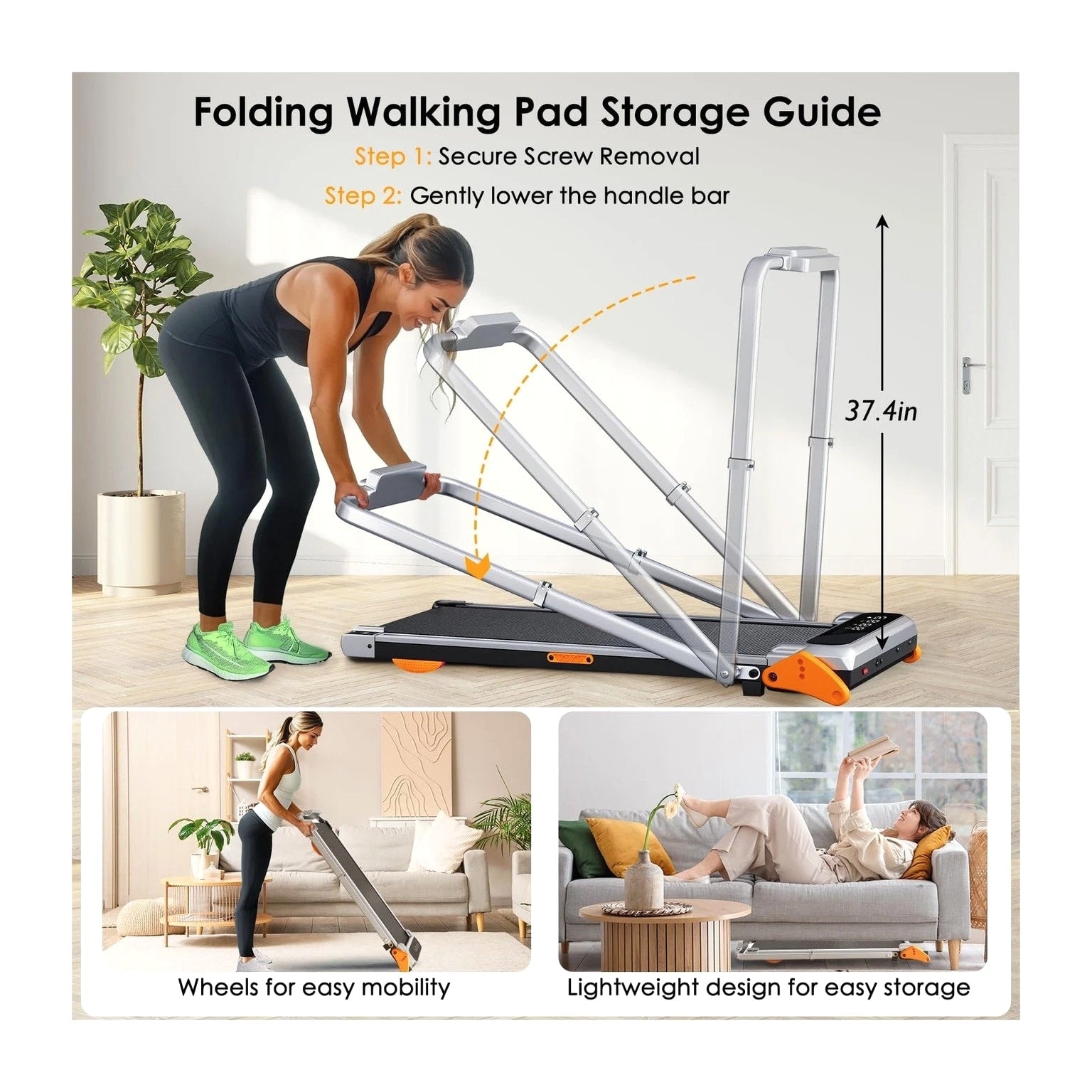 Walking Pad with Incline - Portable Treadmill with Handle Bar for Home Office U...