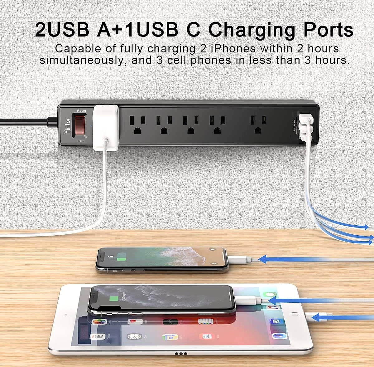 Yintar 6-Foot Power Strip with 6 Outlets and 3 USB Ports