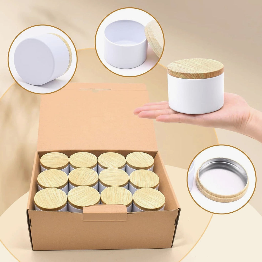 12 Pack 8 Oz Candle Jars with Metal Wood Grain Lids Empty Candle Making Container