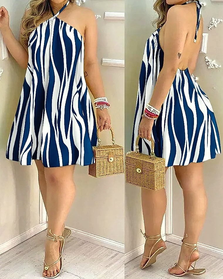 Floral Print Backless Halter Dress for Spring Summer