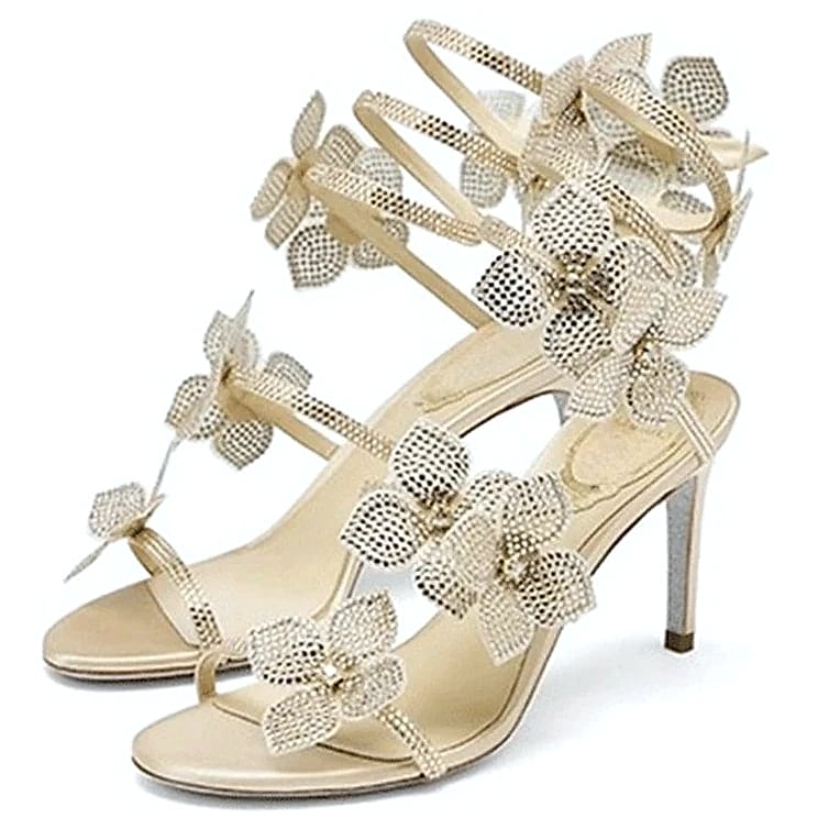Crystal Flower Ankle Strap Sandals with Thin High Heels