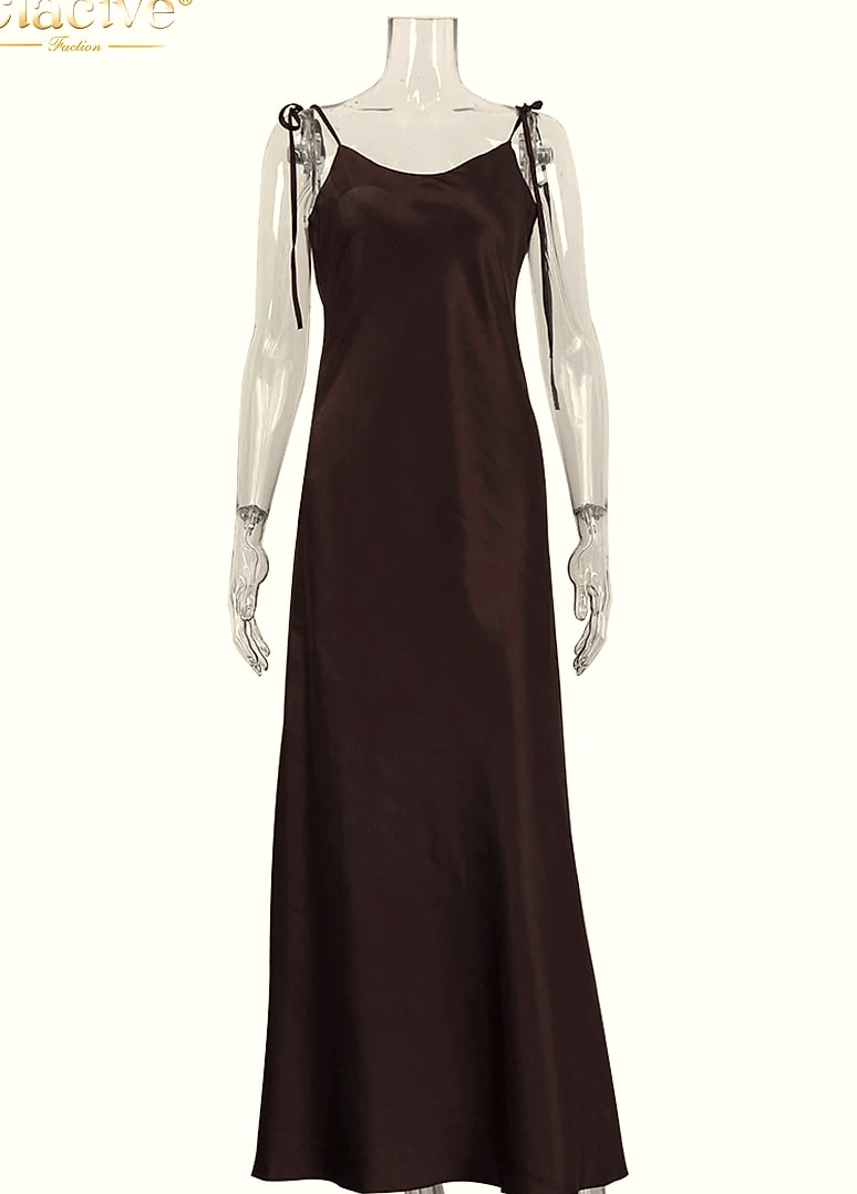 Clacive Brown Satin Floor Length Backless Dress