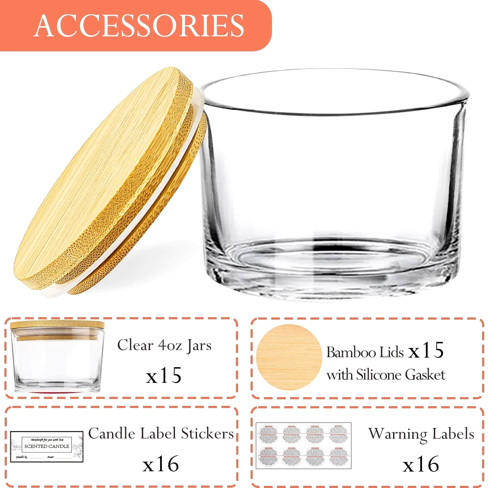 15 Pack 4 OZ Clear Glass Candle Jars with Airtight Bamboo Lids for Candle Making