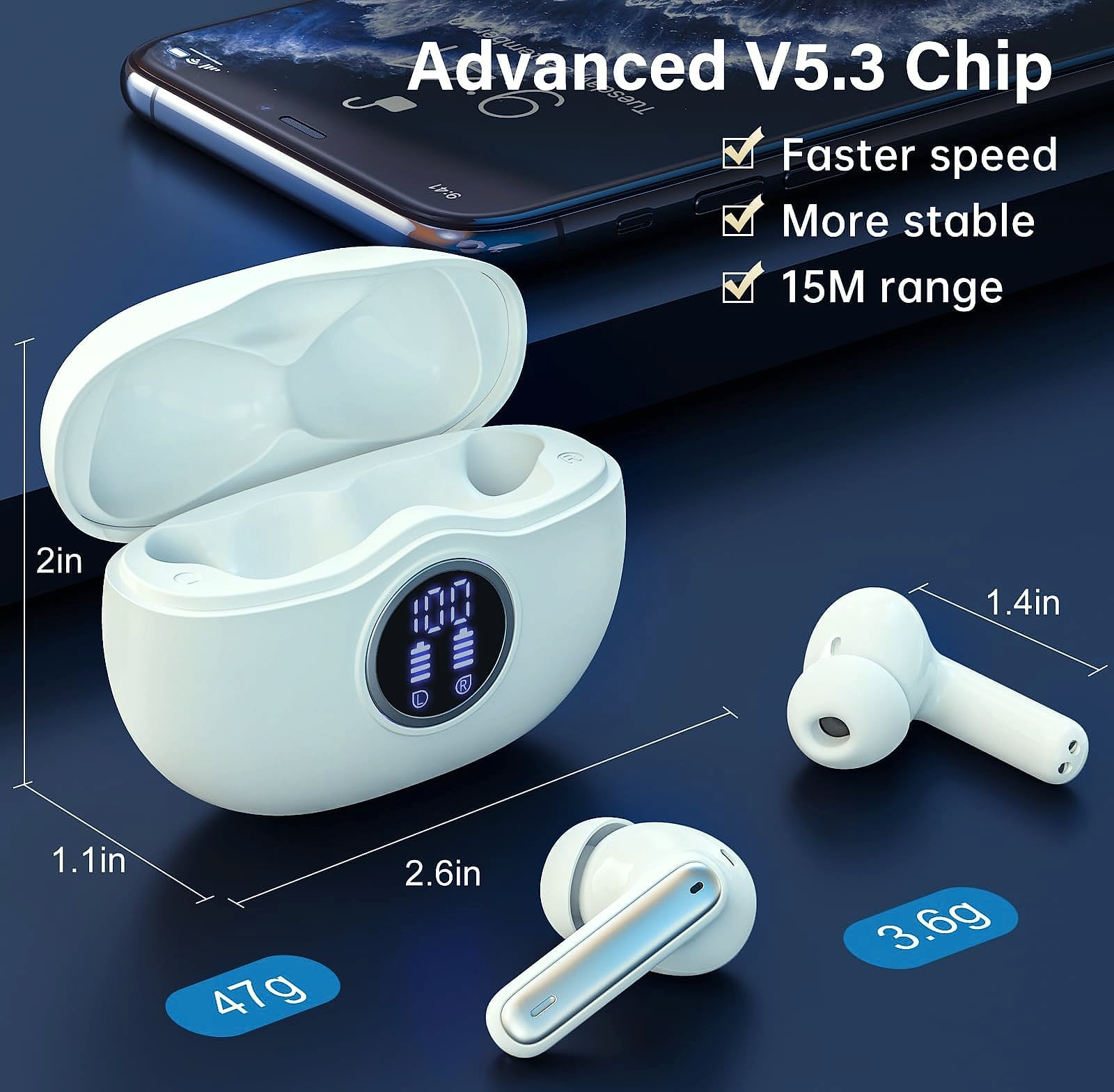 Fhumsh A10 Bluetooth 5.3 Earbuds with 50H Battery and LED Display