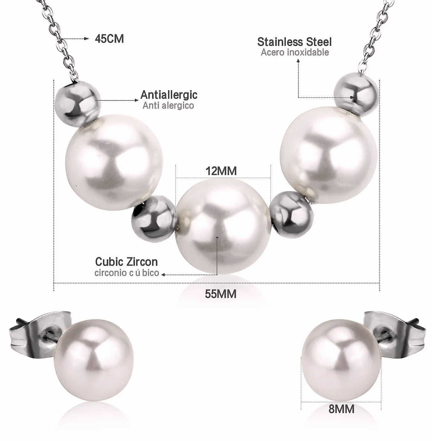 LUXUSTEEL Stainless Steel Round Ball Pendant Necklace Set