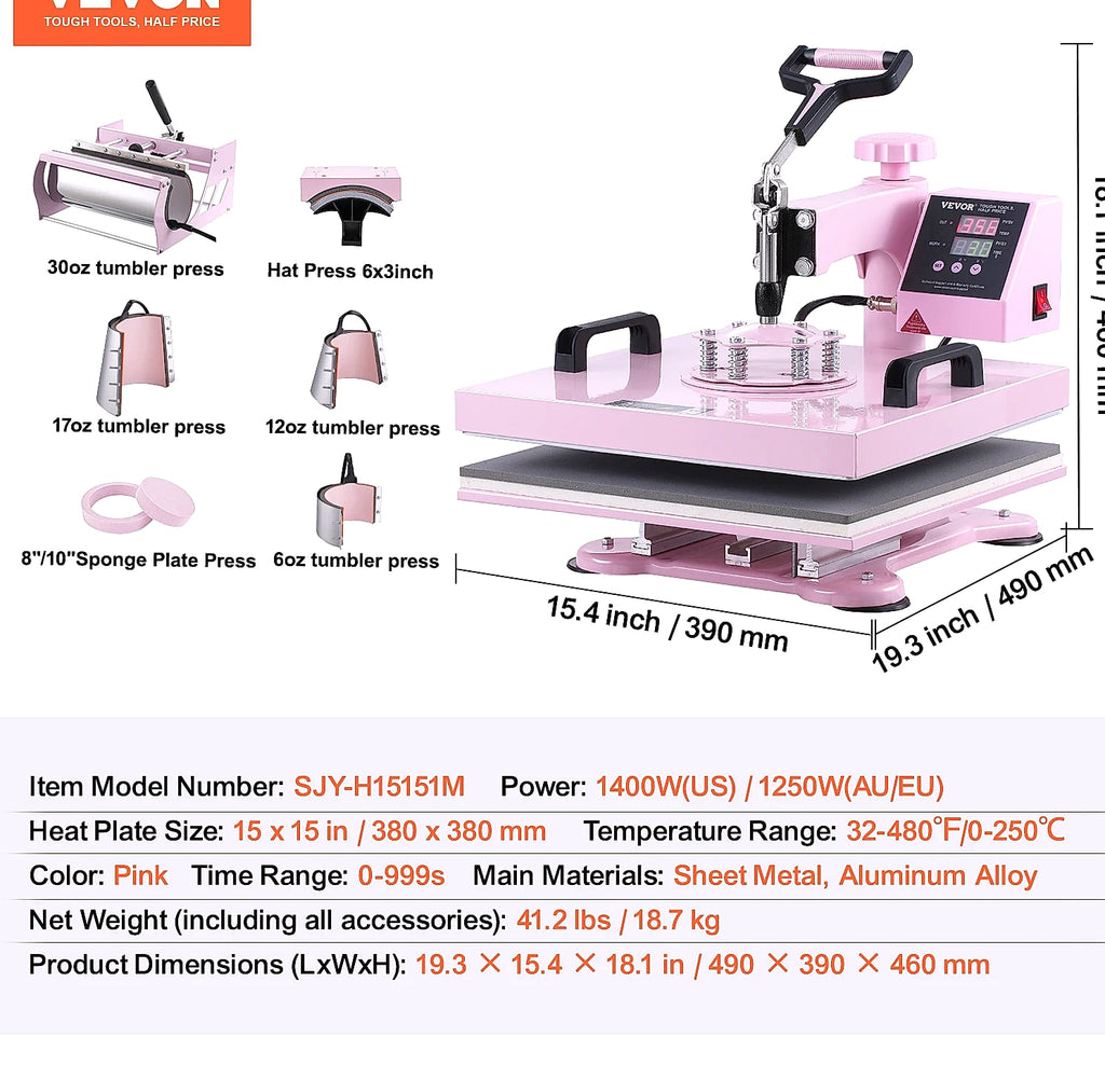 SucceBuy 12 x 15 inch Heat Press Machine with 8 Attachments for Heat Transfer