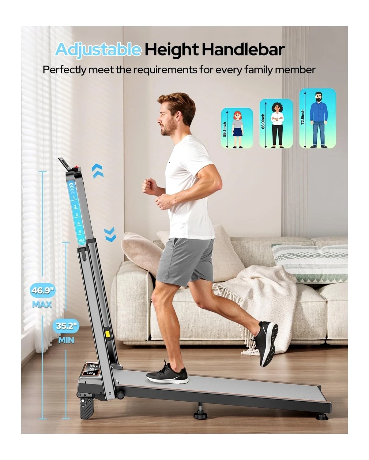 Treadmill Walking Pad with 12% Incline, Handle Bar Height Adjustable, One-cl...