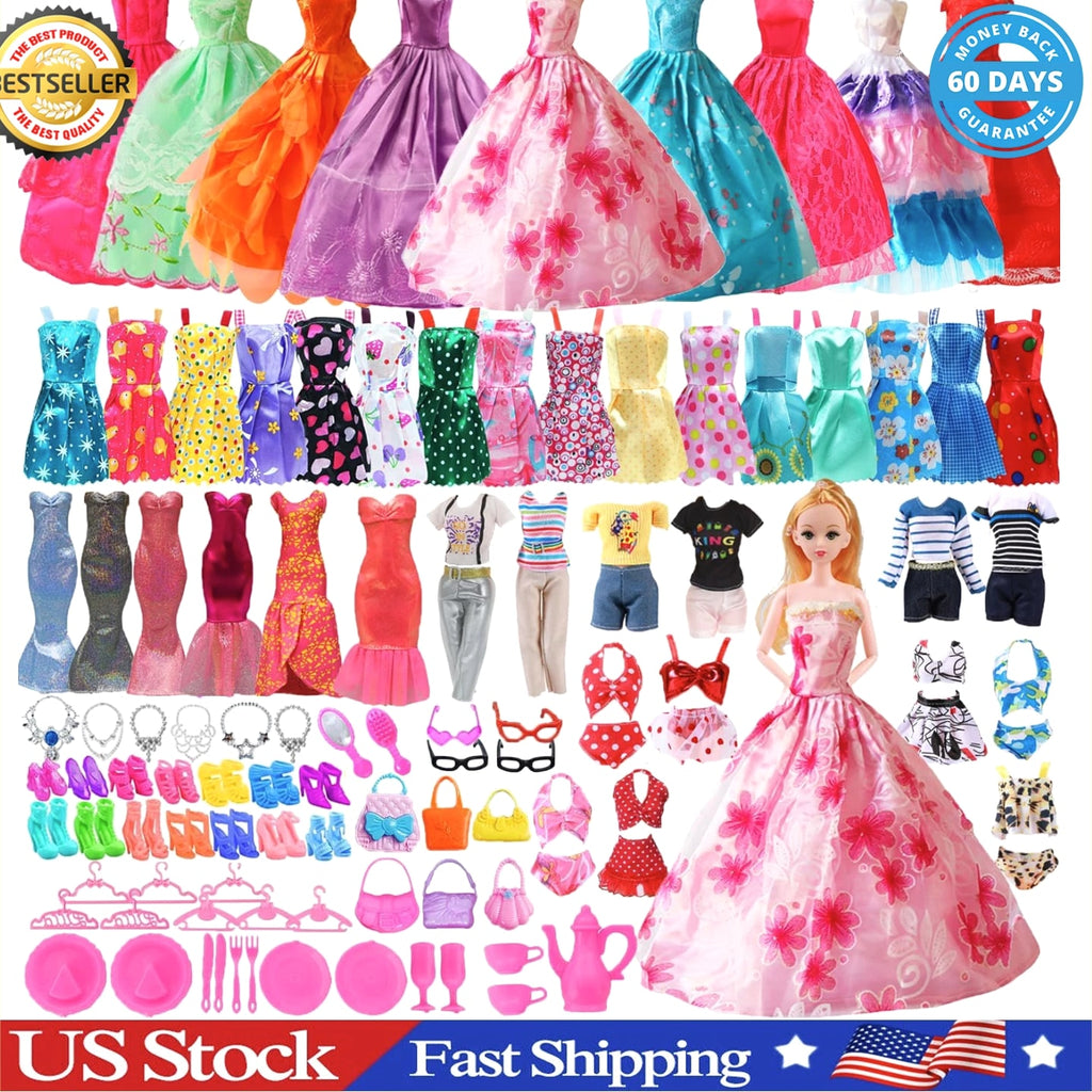 98 PCS Barbie Clothes Doll Fashion Wear Clothing Outfits Dress up Gown Shoes Lot