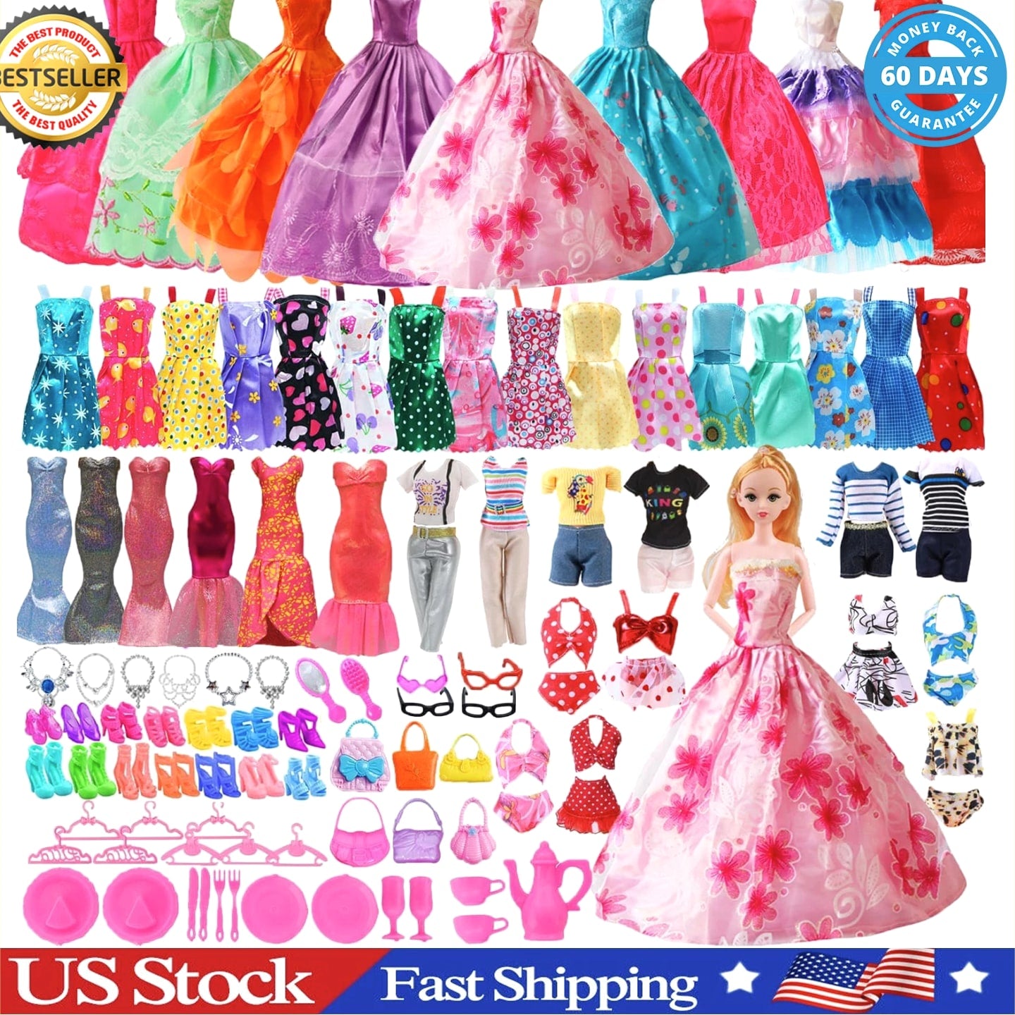 98 PCS Barbie Clothes Doll Fashion Wear Clothing Outfits Dress up Gown Shoes Lot
